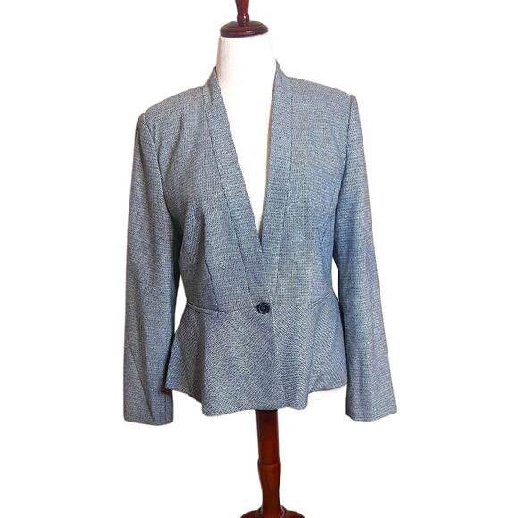 Halogen blazer dark grey &  cream peplum lapel-less one button suit jacket Sz 14 - Picture 1 of 12